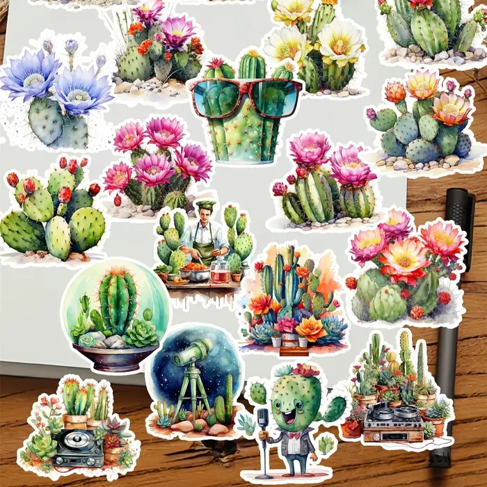 1 paquet d'autocollants mignons de cactus du désert dessinés à la main en aquarelle pour carnet
