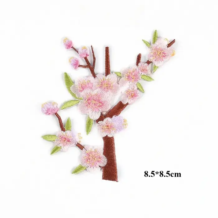 Appliques brodées de fleurs roses avec branche pour vêtements, fleur de pêche exquise, fer sur patch