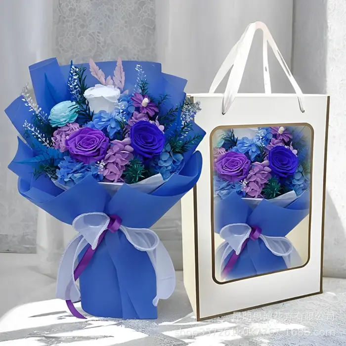 Coffret cadeau romantique en bouquet de roses et d'hortensia conservés – Fleurs éternelles durables faites à la main