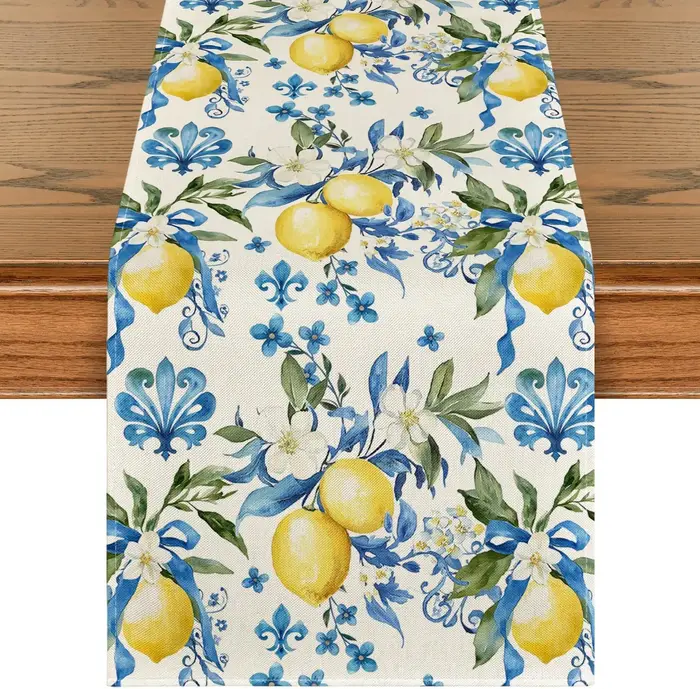 Chemin de Table en lin bleu fleur de citron, décor de fête de vacances, ferme, cuisine, Table à mang