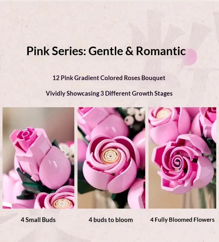 Bouquet de blocs de construction en forme de rose dégradée rose
