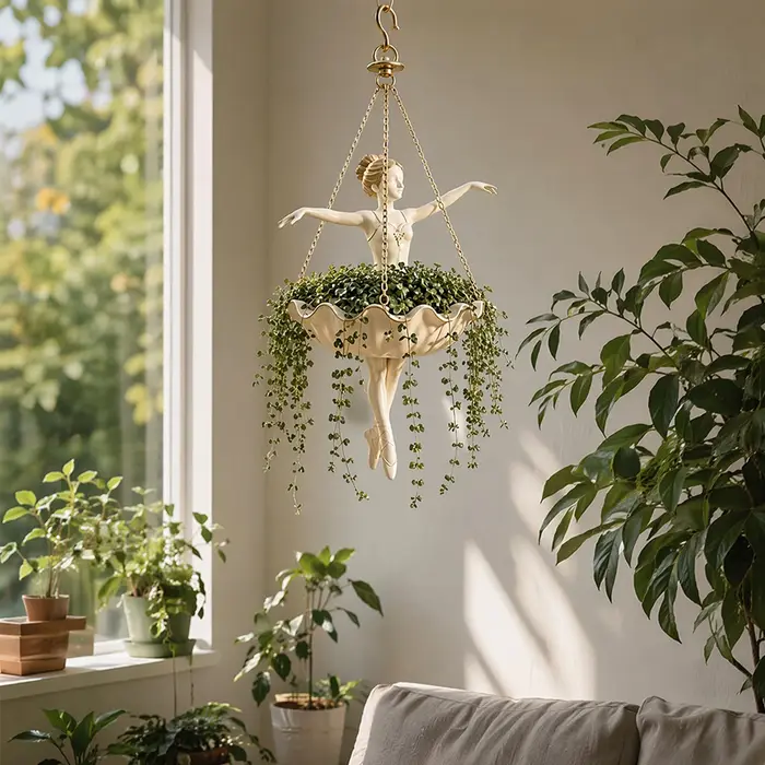 Support de plante en forme de danseuse de ballet avec crochet supérieur et trois chaînes, support de présentation de plantes, installation facile et polyvalent pour la décoration de jardin