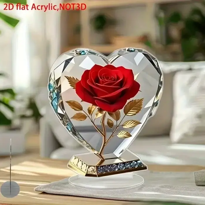 Sculpture bohème en forme de cœur en acrylique, 1 pièce, ornement avec Roses rouges et accents dorés