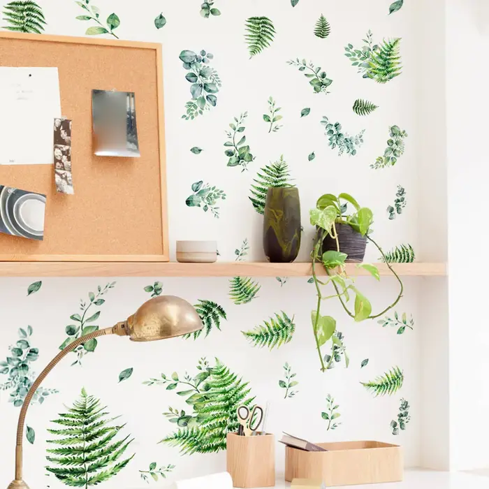 Autocollants muraux en forme de feuilles de plantes vertes pour la décoration de salon