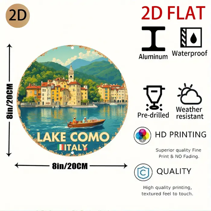 Décoration murale en métal sur le thème du lac de Como en Italie - Plaque en étain rétro