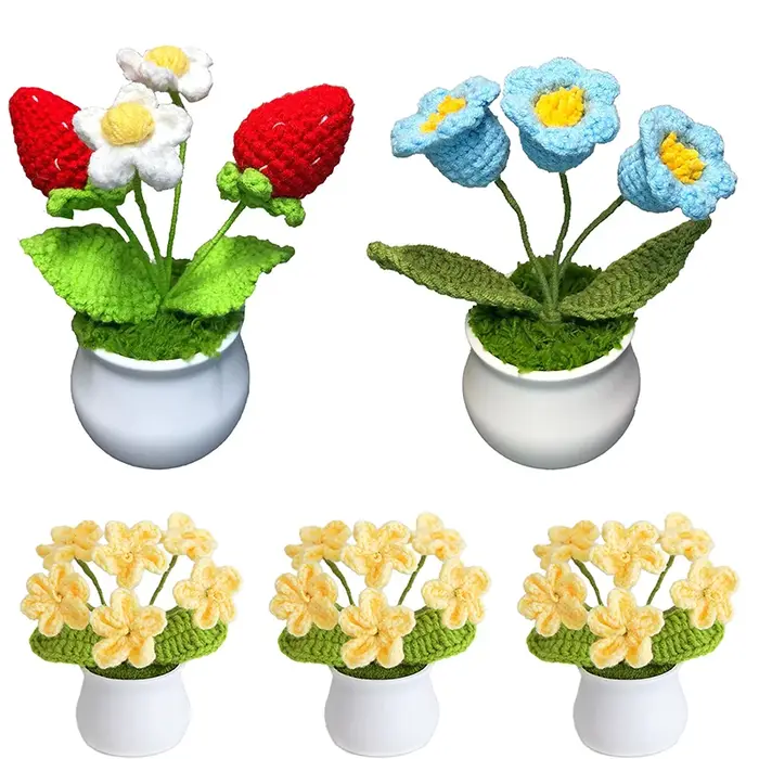 Fleur artificielle pour le bureau, le tableau de bord de la voiture, décoration, cadeaux pour femmes, fleurs pour anniversaire, Noël, fête, fleurs au crochet, bleues