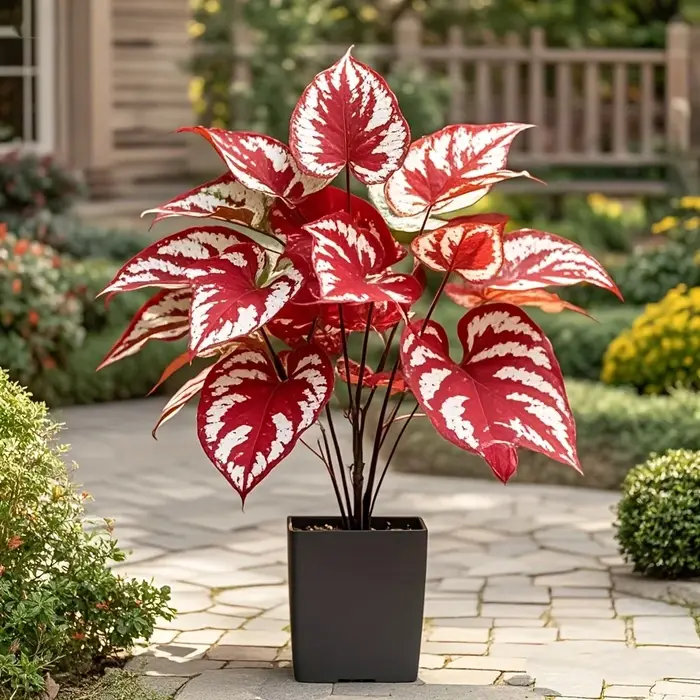 Plante artificielle à feuilles rouges avec rayures blanches