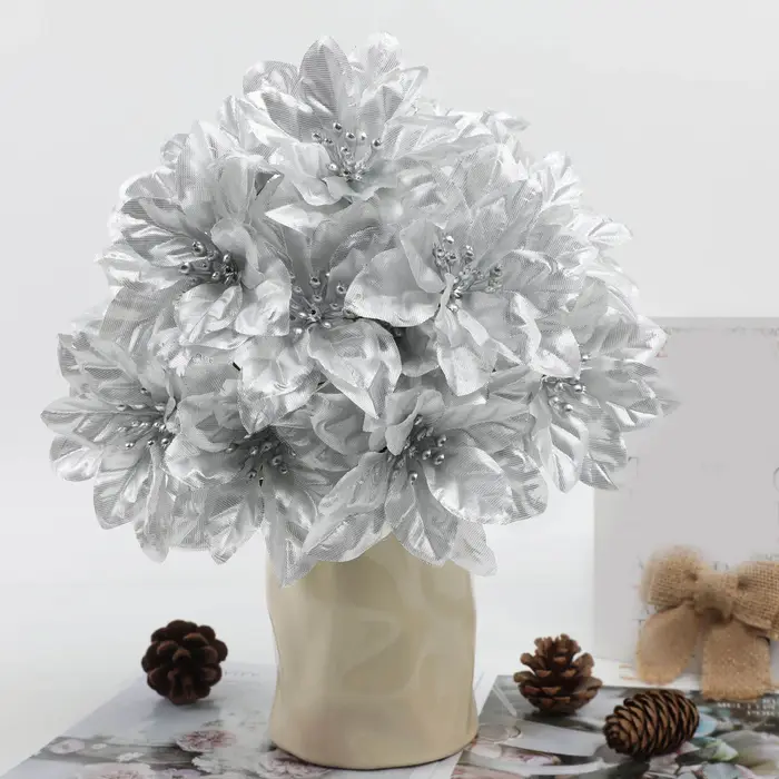 Bouquet de fleurs de noël artificielles en fausse soie blanche et rouge, 30cm, pour décoration de maison, de fête de mariage