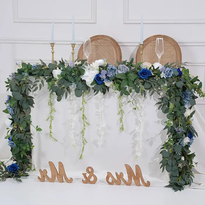 C8634 bleu blanc série verdure accrocher glycine fleur chemin Table pièce maîtresse décor mariage Arrangement Floral Banquet fournitures