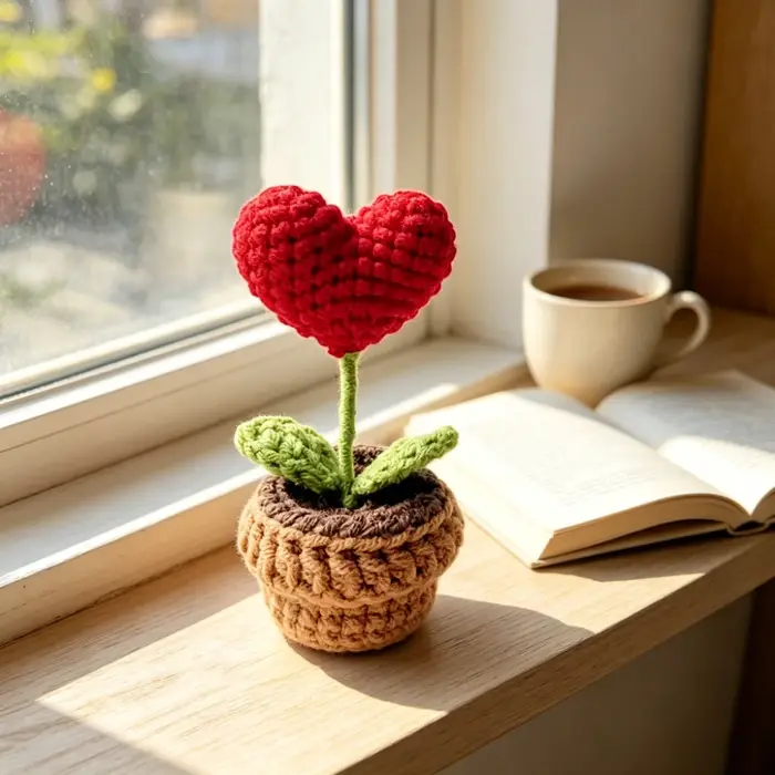 Pot de fleurs en forme de cœur au crochet fait main