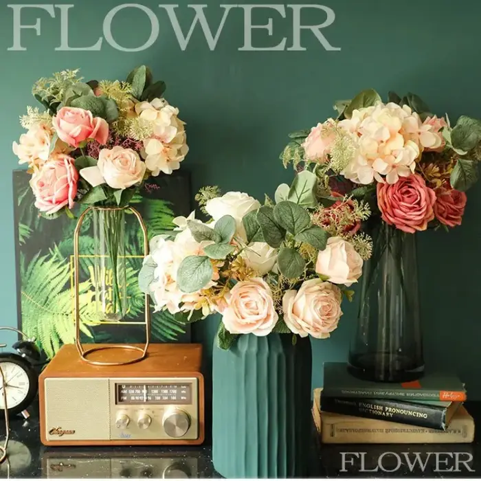 Mélange d'aloès vert Roses d'eucalyptus fleurs artificielles Bouquets de plantes vertes décor à la maison soie fausse