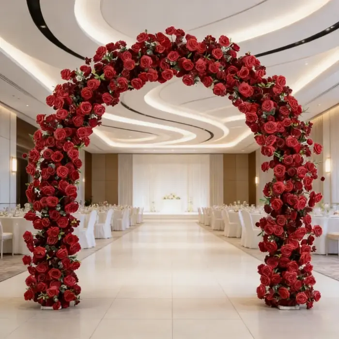 Arches florales en forme de cœur de roses rouges de 240 cm pour décoration de fond de mariage