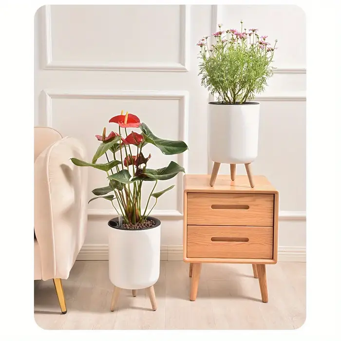 Jardinière auto-arrosante minimaliste nordique, pieds en bois blanc, pot de plante multifonctionnel pour balcon et bureau