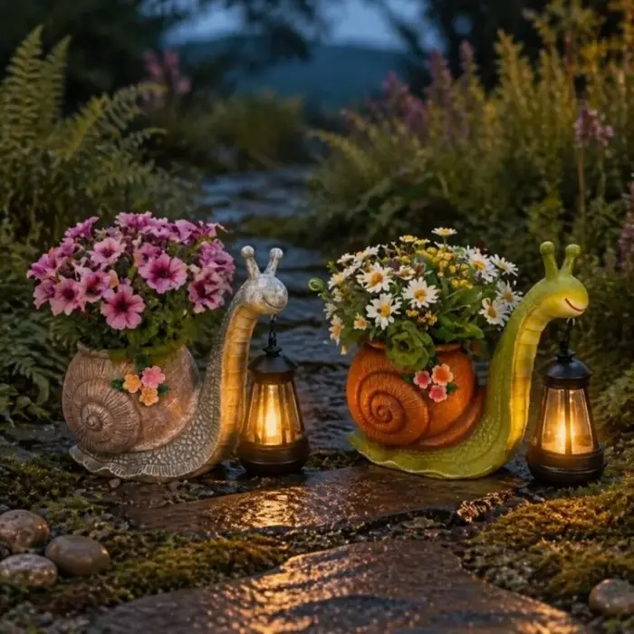 Statue de limace en résine, pot de fleurs résistant au soleil, pot de plantes écologique, limace tenant une lanterne solaire décorative avec lumière LED chaude