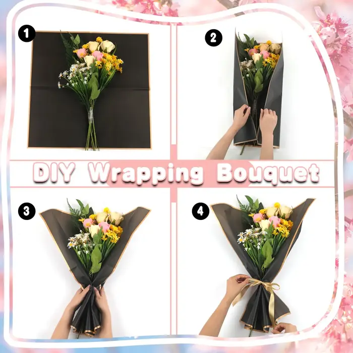 20 feuilles de papier d'emballage de fleurs roses avec bords dorés