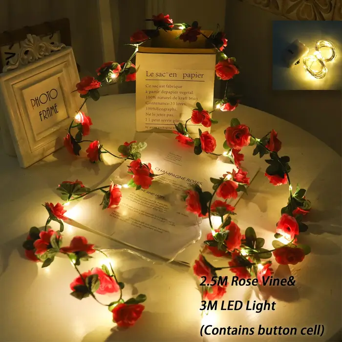 Rose LED lumières chaîne fleurs artificielles feuilles de lierre guirlande de mariage maison chambre