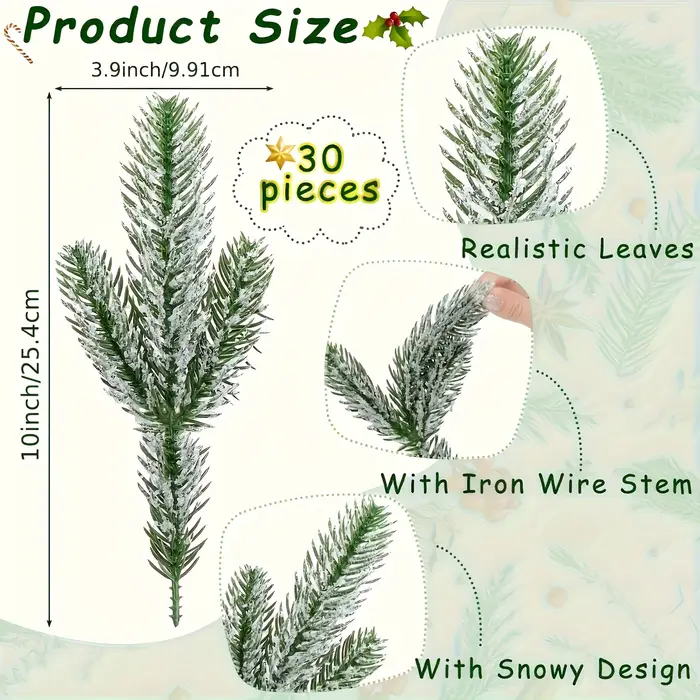 Lot de 15 à 30 Branches de pin artificielles recouvertes de givre de neige - Plantes vertes simulées de vacances de Noël de 10 pouces pour la maison de bricolage