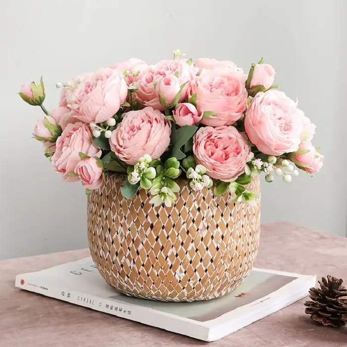 1 Bouquet de 9 Têtes de Fleurs Artificielles en Soie (Pivoine