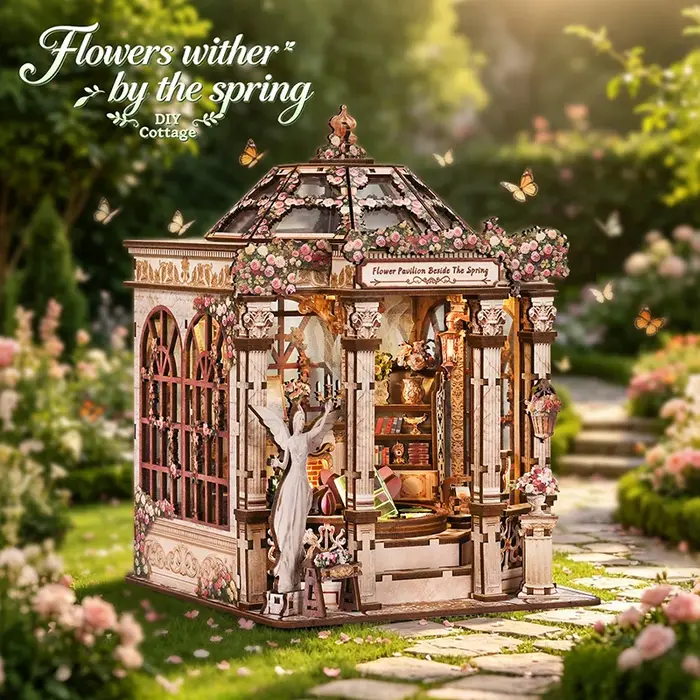 Kit miniature de serre-livres à monter soi-même "Les fleurs s'évanouissent au printemps", modèle de micro-scène en bois assemblé à la main, cadeau créatif