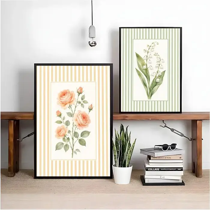 Tableau d'art mural moderne en toile avec motifs floraux rayés et calligraphie pour la décoration intérieure de la maison et de la chambre
