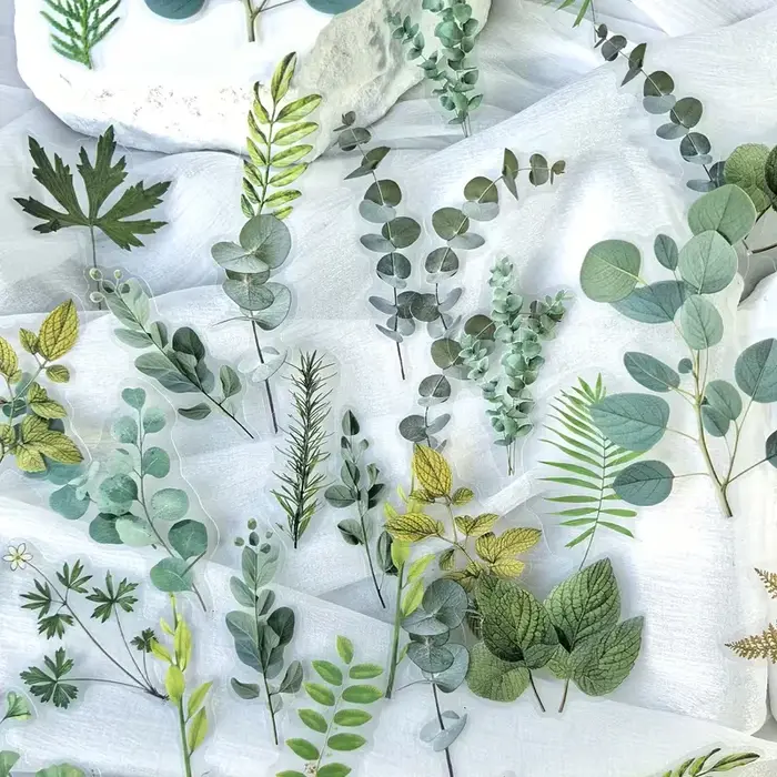 1 paquet de 40 autocollants décoratifs en PET en forme de feuilles de plantes vertes pour scrapbooking