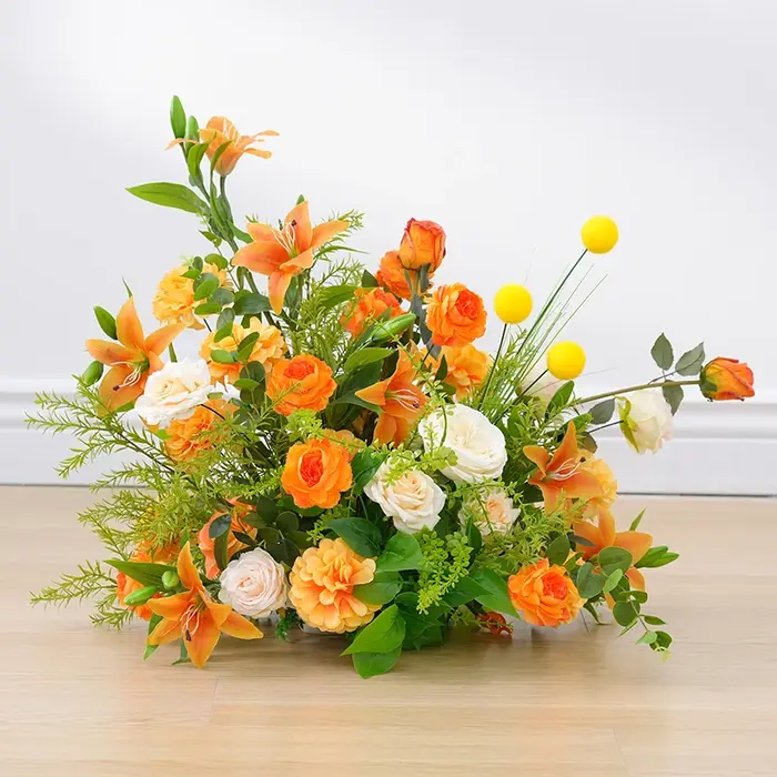 Orange Lily Rose vert plantes mariage toile de fond arc cadre décor fleur rangée allée sol Floral fenêtre affichage scène accessoires H8875
