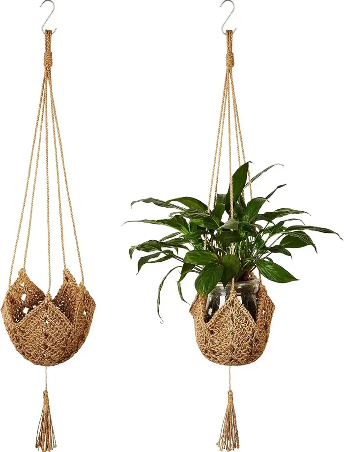 Support de plante en macramé long en jute pour pots de 3 à 12 pouces avec crochets en forme de S pour la décoration de la maison (marron)