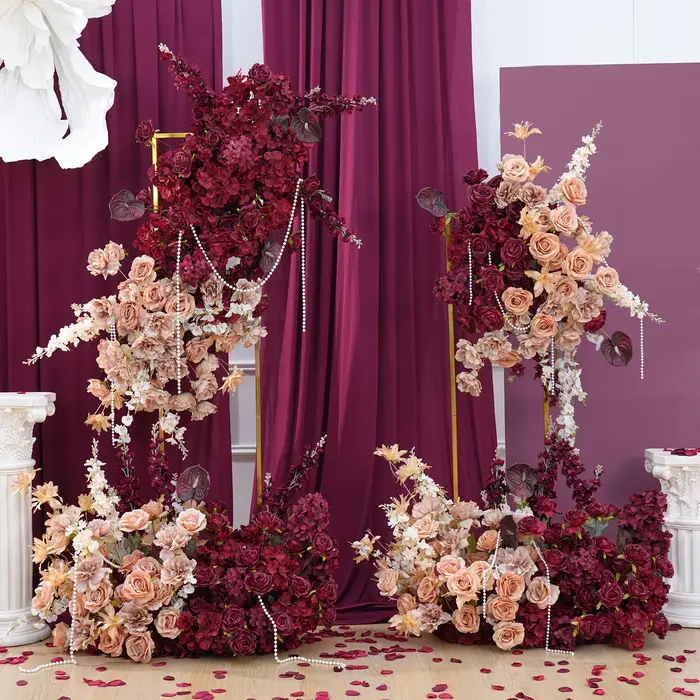 C8987 automne café Delphinium bordeaux Roses accrocher Imitation arrangements floraux mariage Photo décors sol fleurs événement accessoires