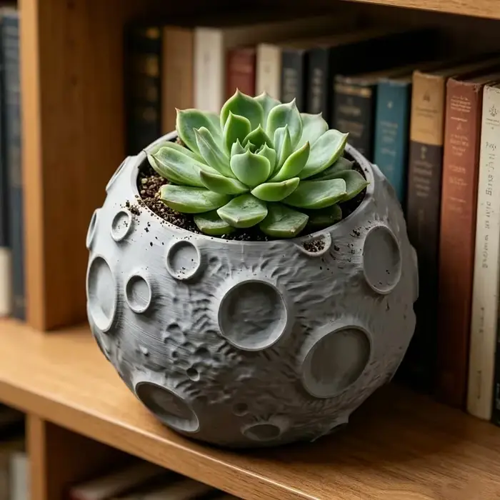 Pot de fleurs en forme de lune avec design de surface lunaire et texture réaliste, adapté aux petites plantes, pot pour plantes succulentes d'extérieur