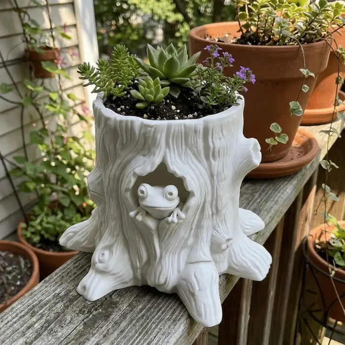 Pot de fleurs décoratif en forme de grenouille, imprimé en 3D, unique, en forme de tronc d'arbre, original, pour bureau.