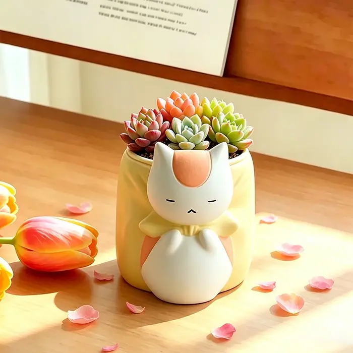 Pot de fleurs en résine chat bouffon endormi