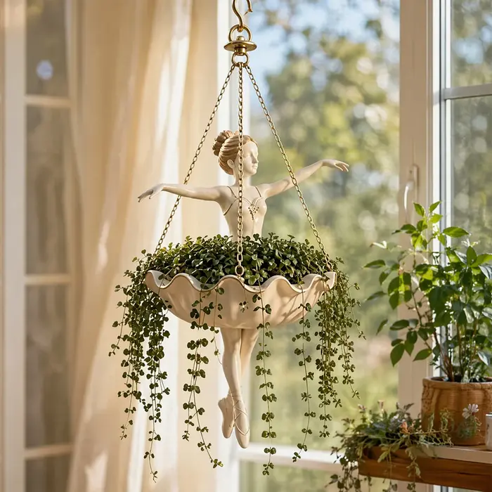 Support de plante en forme de danseuse de ballet avec crochet supérieur et trois chaînes, support de présentation de plantes, installation facile et polyvalent pour la décoration de jardin