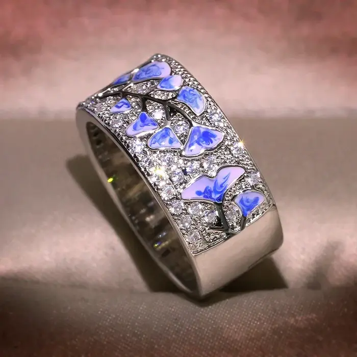 Bague Fleur en Argent pour Femme, Bague Fleur Bleue, Argent Sterling, Document de ix, Promesse de Mode, Bijoux de Mariage, Émail ocaMADE