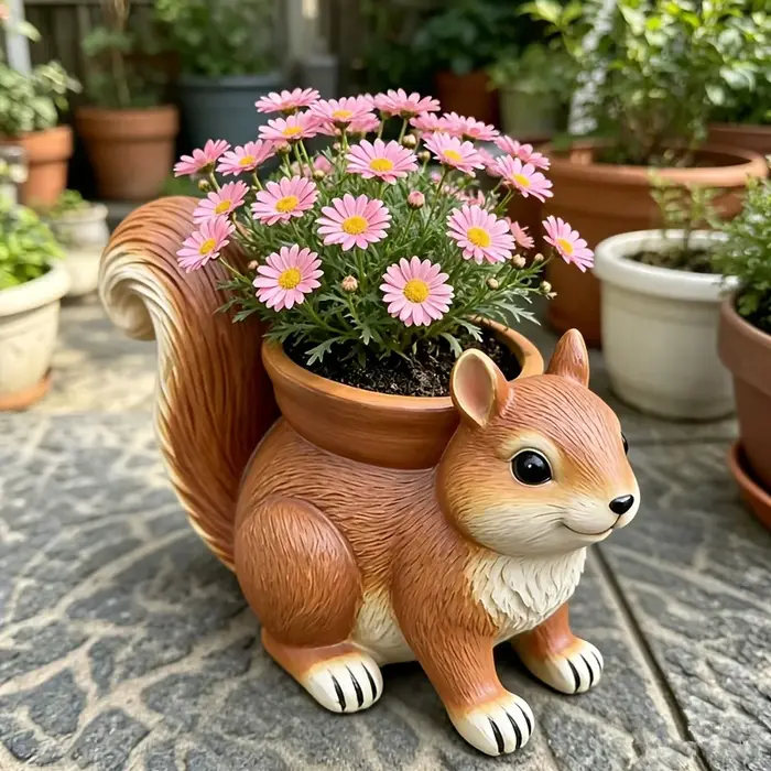 Joli pot de fleurs en résine en forme d'écureuil, sculpture animale synthétique, décoration rurale, pour jardin extérieur, balcon, plantes vertes
