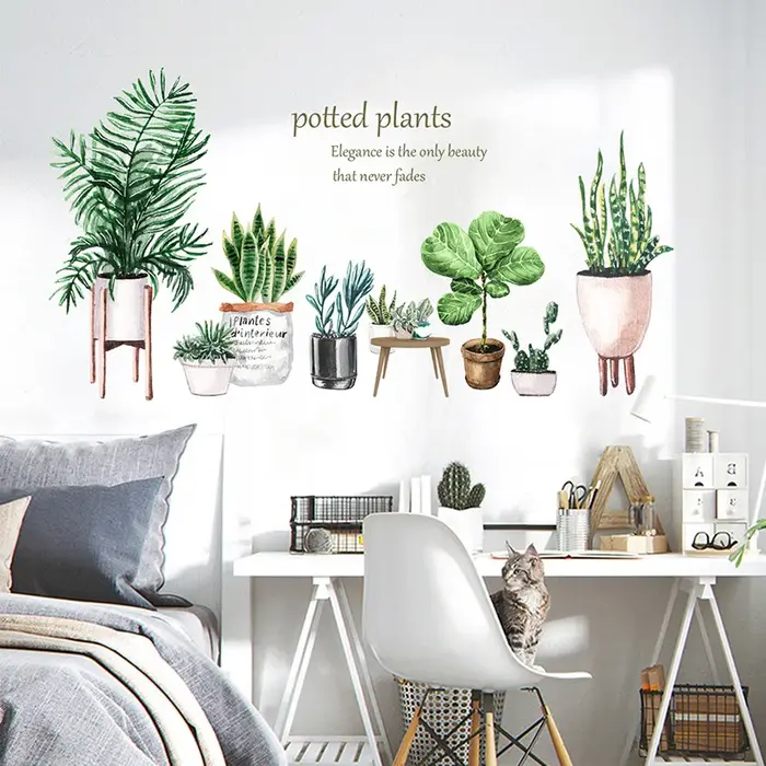 Autocollant mural amovible motif cactus en pot pour plinthe