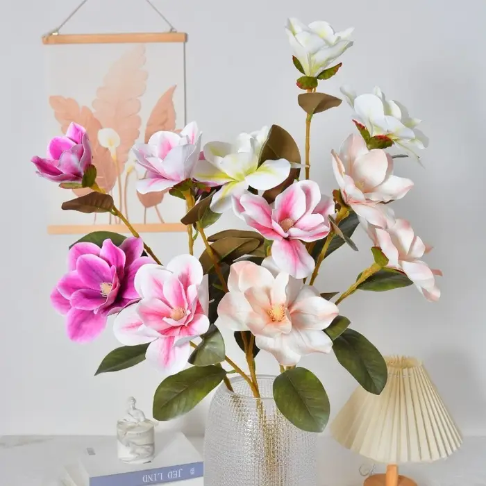 4/5 pièces de fleurs artificielles de magnolia à 3 branches