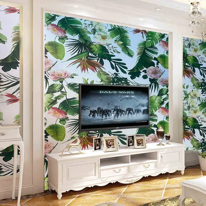 Papier peint auto-adhésif avec plantes vertes et fleurs