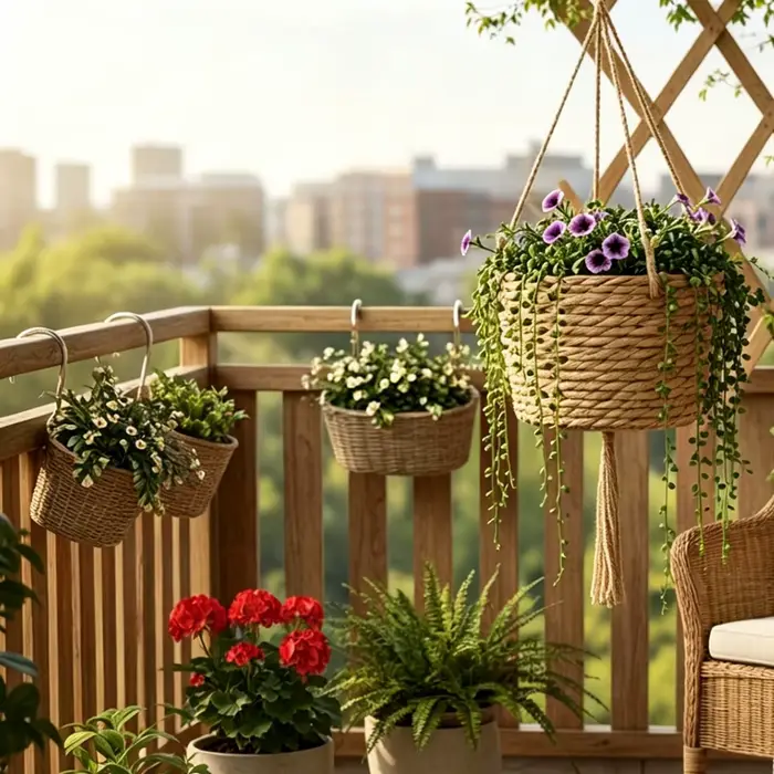 Pot de fleurs suspendu en paille pour balcon