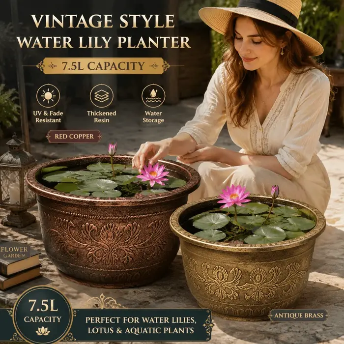 Pot de fleurs en résine en forme de lotus, grande capacité de 7,5 L, réservoir d'eau, hauteur de 19 cm, couleur cuivre bronze, style rétro, pour usage intérieur.