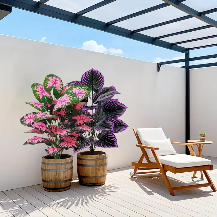 Ensemble de 2 plantes artificielles de Caladium avec feuilles roses violettes