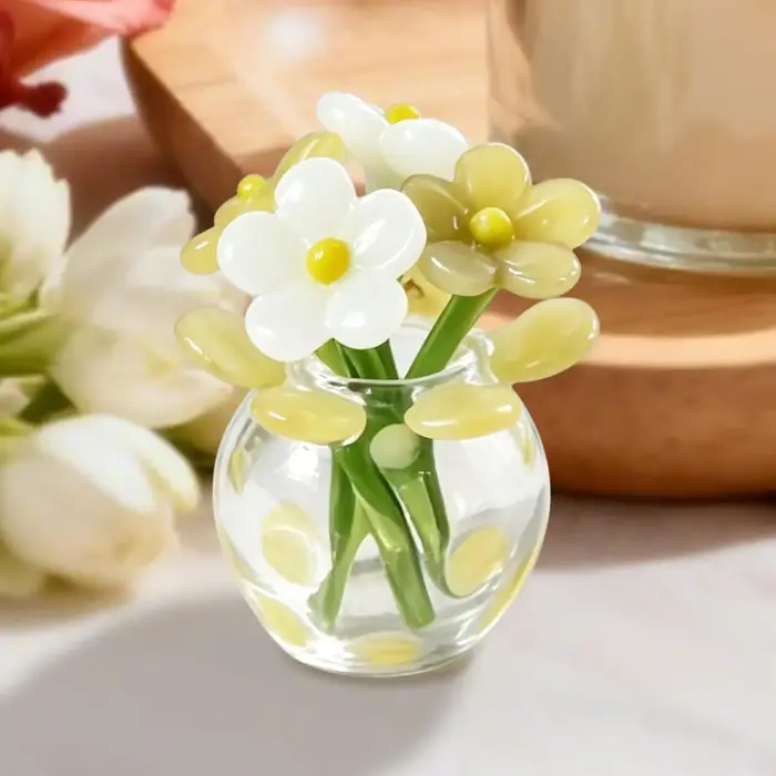 Mini bouquet de fleurs artificielles en verre avec petit vase