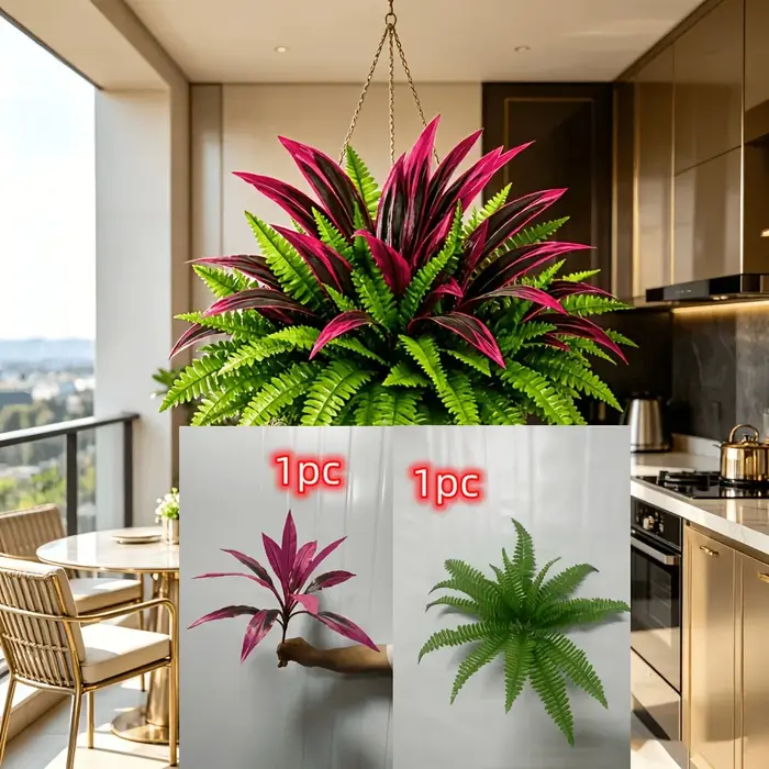 Alocasia à feuilles rouges (Aroides) avec fougère artificielle Asplenium, verdure artificielle d'ext