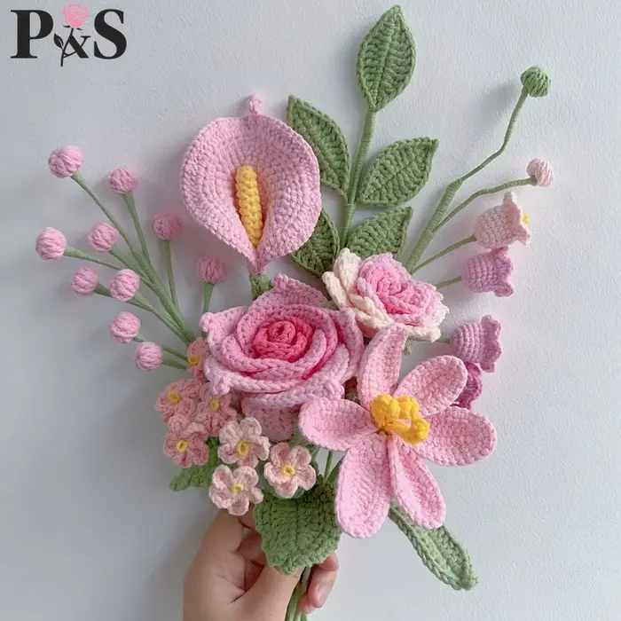 Bouquet de fleurs vertes au Crochet, tulipes roses mignonnes faites à la main, fleurs artificielles