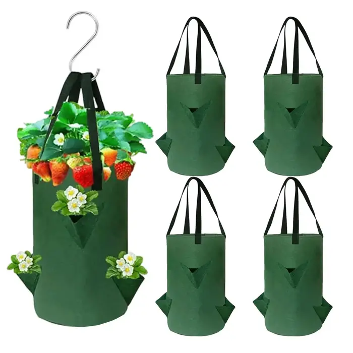 Sacs de culture inversés pour tomates et fraises, 5 pièces, en tissu respirant et suspendable, avec 6 trous de plantation