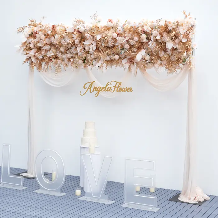 A9027 Angela fleur artificielle Champagne feuilles d'or Base en tissu Arrangement Floral en plein air mariage toile de fond arc décor accessoires