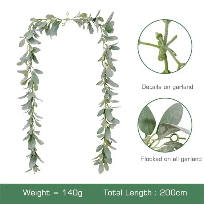 Guirlande artificielle ABKJ-5X en fausse vigne floquée effet oreilles d'agneau – 2 mètres de verdure et feuillage doux pour la décoration de cheminée de style campagnard