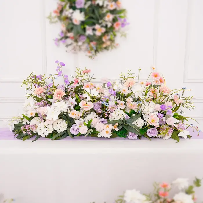 H8742 Lilas rose blanc avec rangée de fleurs vertes plancher de mariage Arrangement Floral maison cheminée décor tenture murale couronne guirlande