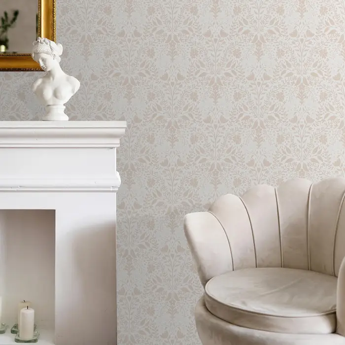 Papier peint adhésif beige à motif floral damassé
