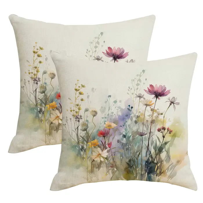 Housse de coussin en lin à fleurs sauvages aquarelle – Décoration d'intérieur élégante