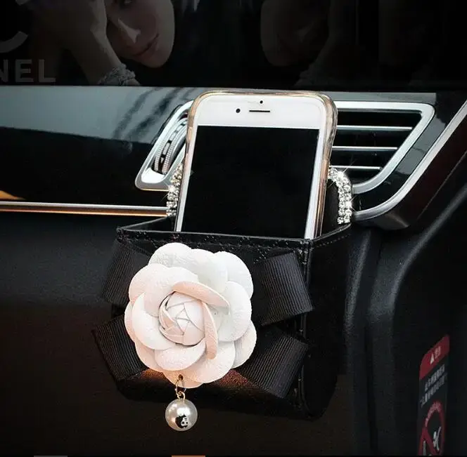 Accessoires d'intérieur de voiture fleur de camélia, housse de volant en cuir cristal, ceinture de s